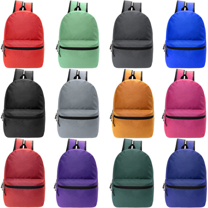 12 Wholesale Blank 18.5" Backpacks in 12 Assorted Colors and 12 Bulk School Supply Kits