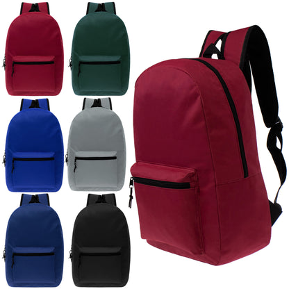 12 Wholesale Classic 15" Backpacks in Assorted Colors and 12 Bulk School Supply Kits of Your Choice