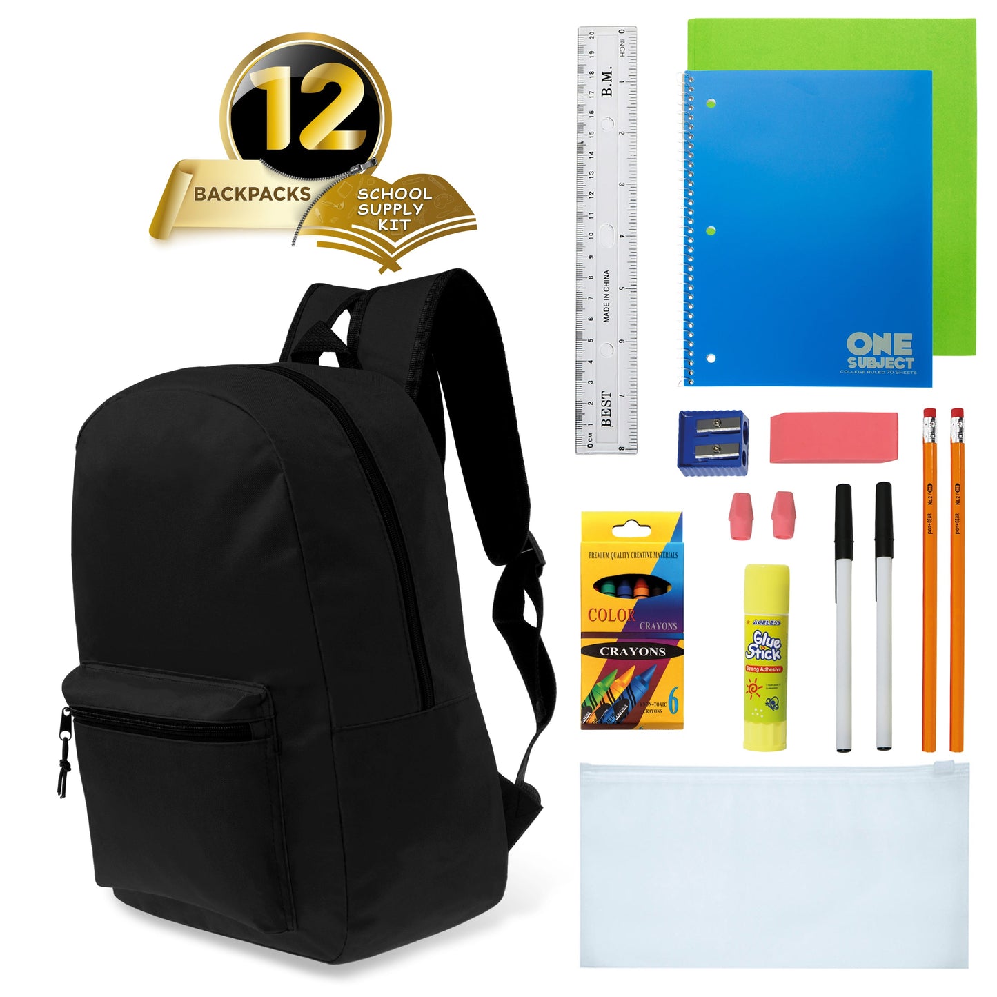 12 Black 17" Basic Kids Wholesale Backpacks and 12 Bulk School Supply Kits of Your Choice