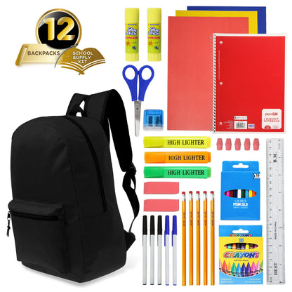 12 Wholesale 15" Classic Backpacks in Black & 12 Bulk School Supply Kits of Your Choice