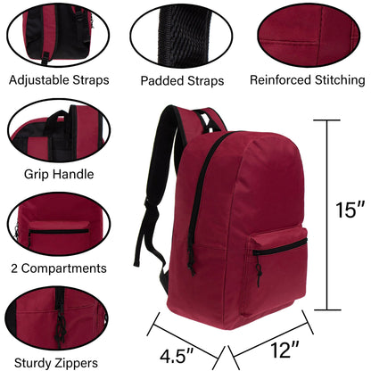 12 Wholesale Classic 15" Backpacks in Assorted Colors and 12 Bulk School Supply Kits of Your Choice