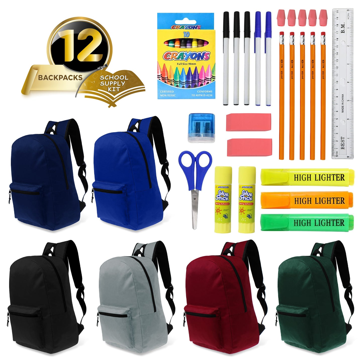 12 Wholesale Classic 15" Backpacks in Assorted Colors and 12 Bulk School Supply Kits of Your Choice