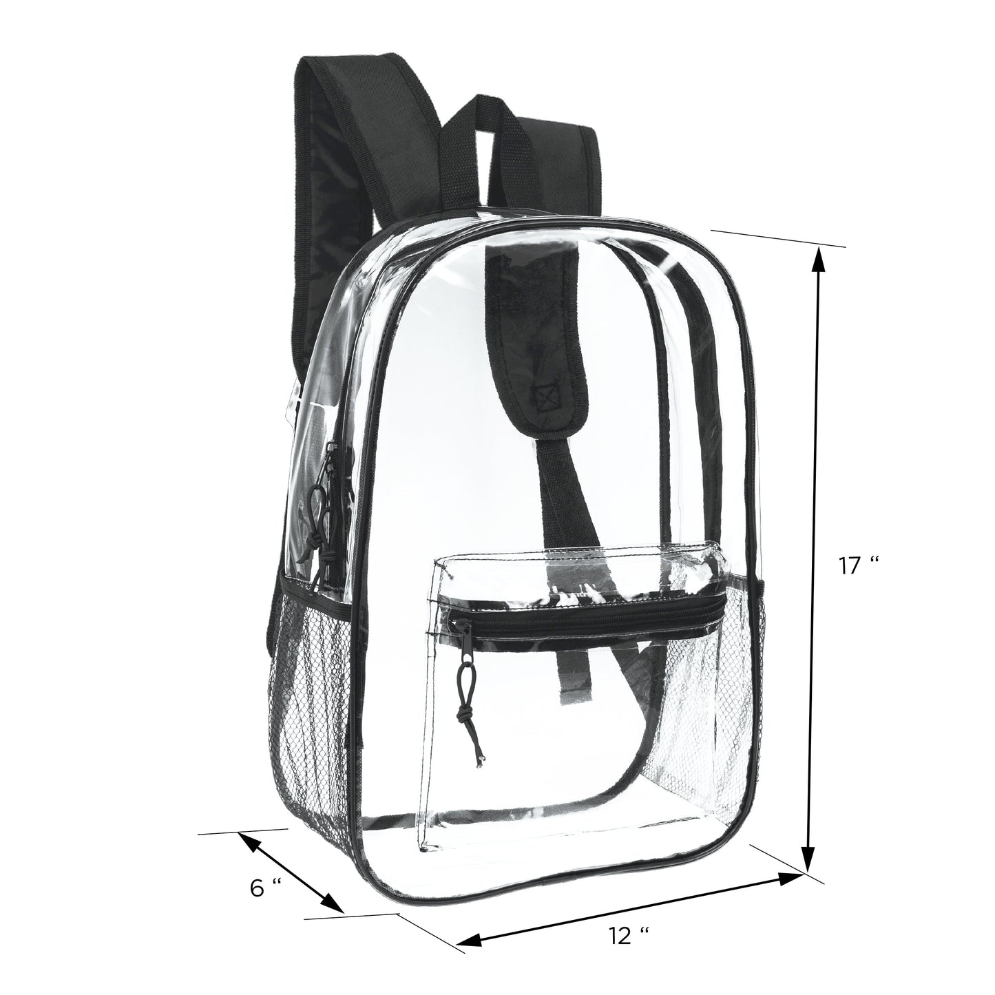 12 Wholesale 17" Clear backpacks with Black Trim & 12 Bulk School Supply Kits of Your Choice