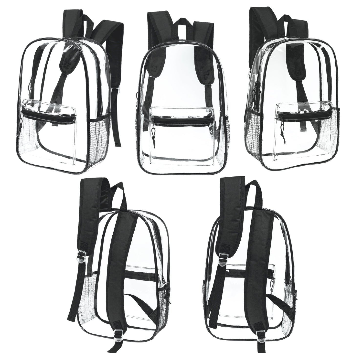 12 Wholesale 17" Clear backpacks with Black Trim & 12 Bulk School Supply Kits of Your Choice