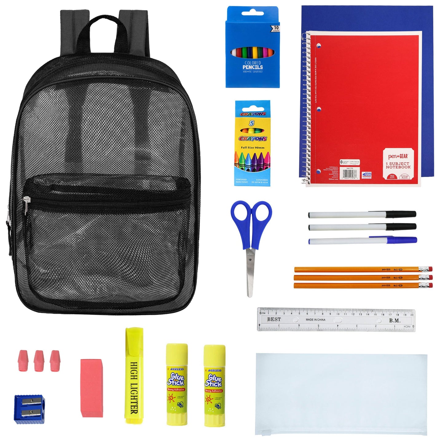 12 Wholesale 17" Mesh Backpacks in Black & 12 Bulk School Supply Kits of Your Choice