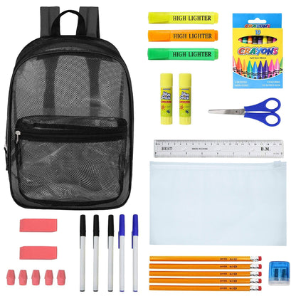 12 Wholesale 17" Mesh Backpacks in Black & 12 Bulk School Supply Kits of Your Choice