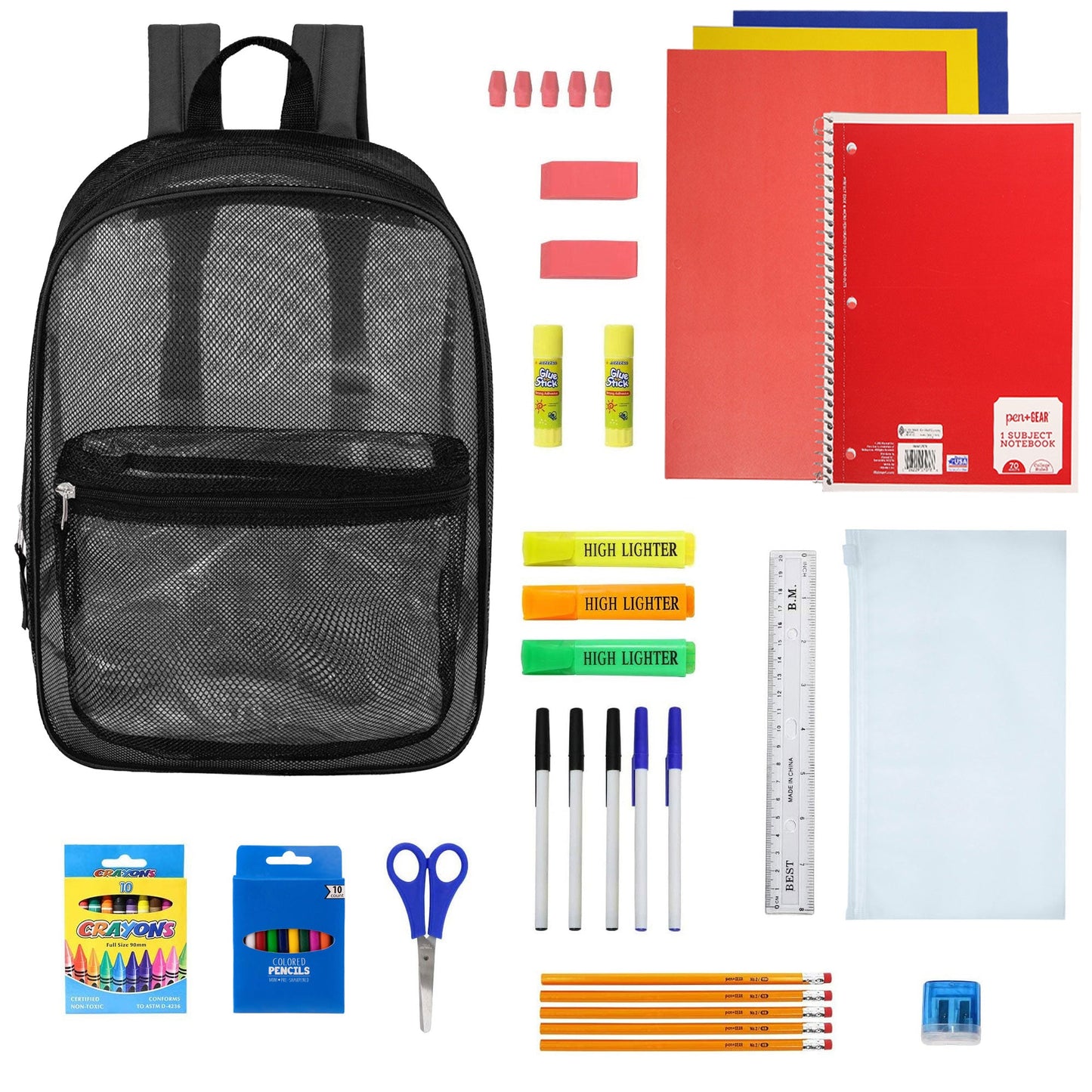 12 Wholesale 17" Mesh Backpacks in Black & 12 Bulk School Supply Kits of Your Choice