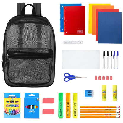 12 Wholesale 17" Mesh Backpacks in Black & 12 Bulk School Supply Kits of Your Choice