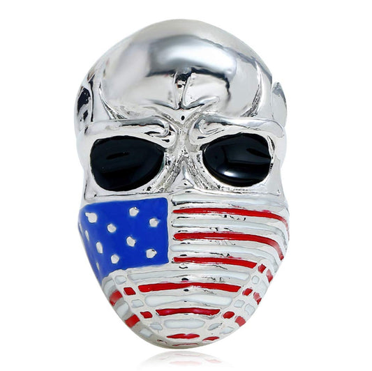 Skull Head American Flag Bandana Stainless Steel Biker Ring