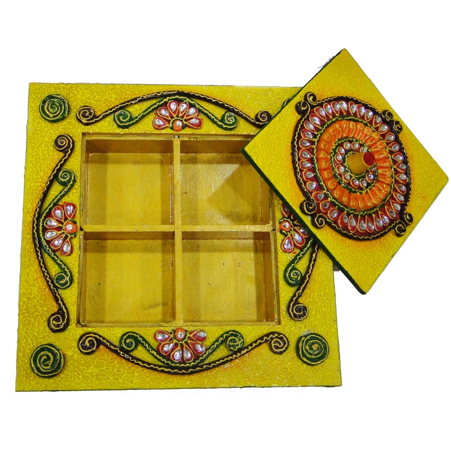 4 Slot Wooden Kundan Handicrafts Dry Fruit Gift Box