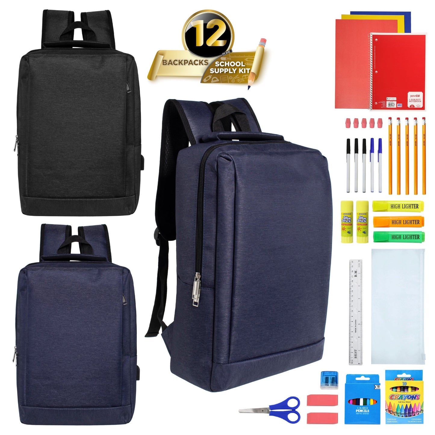 12 Wholesale 18" Premium Laptop Backpacks & 12 Bulk School Supply Kits of Your Choice