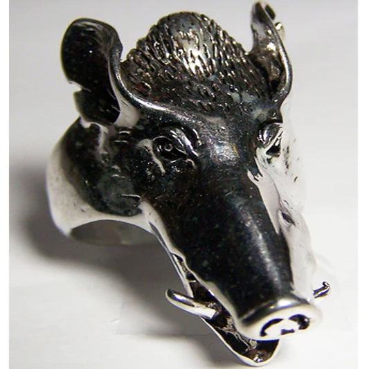 Pig / Wild Boar Head Biker Ring – Sterling Silver Plated Deluxe