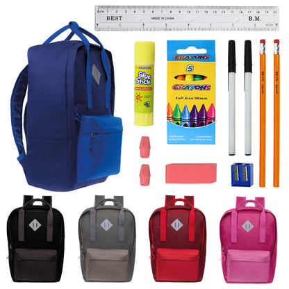 12 Multi Color Diamond Patch 17" Wholesale Backpacks and 12 Bulk School Supply Kits of Your Choice