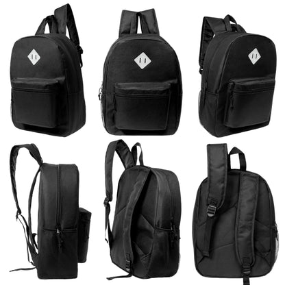 12 Black 17" Backpacks with a Diamond Patch & Side Pocket & 12 Bulk School Supply Kits of Your Choice