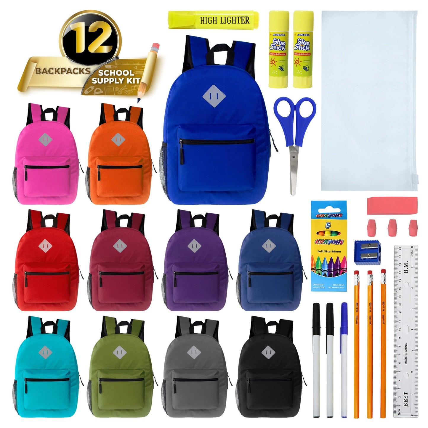 12 Wholesale 17" Diamond Patch Backpack in Assorted Colors & 12 Bulk School Supply Kits of Your Choice