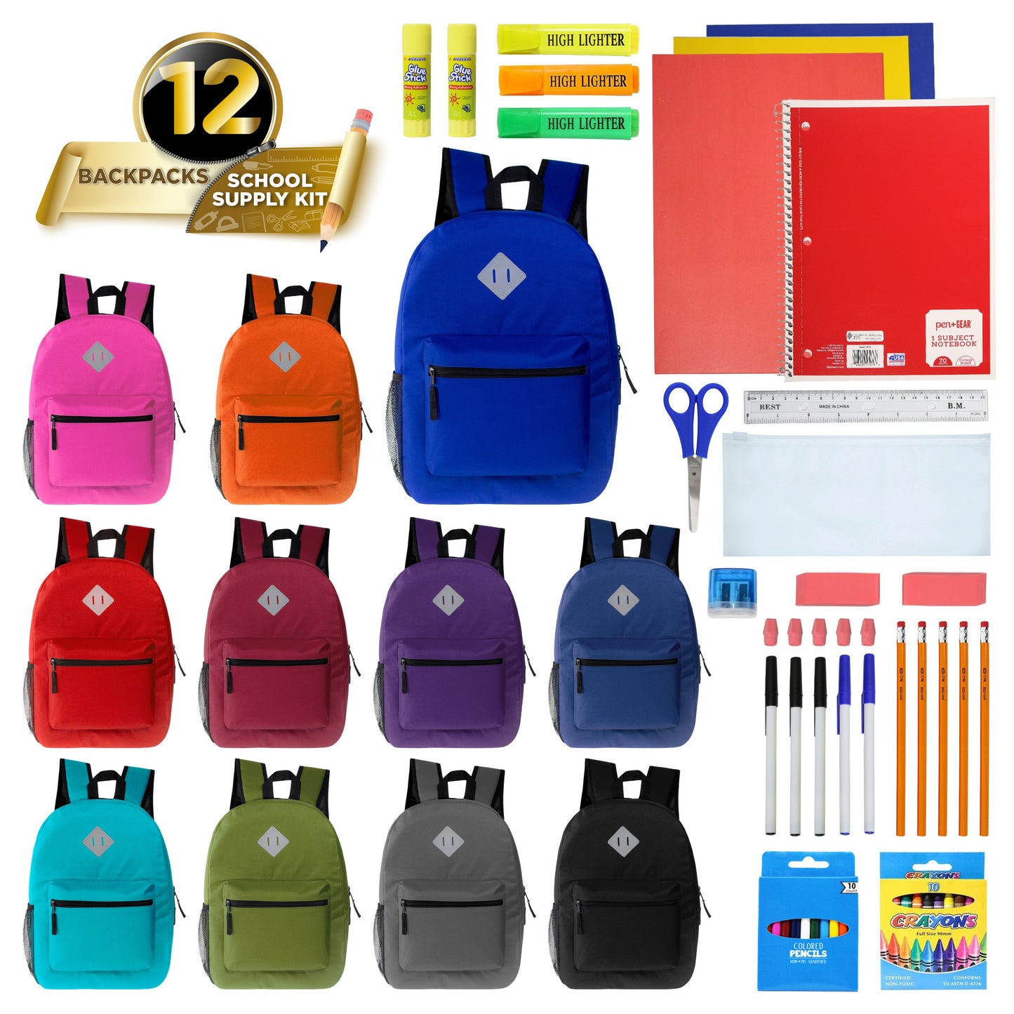 12 Wholesale 17" Diamond Patch Backpack in Assorted Colors & 12 Bulk School Supply Kits of Your Choice