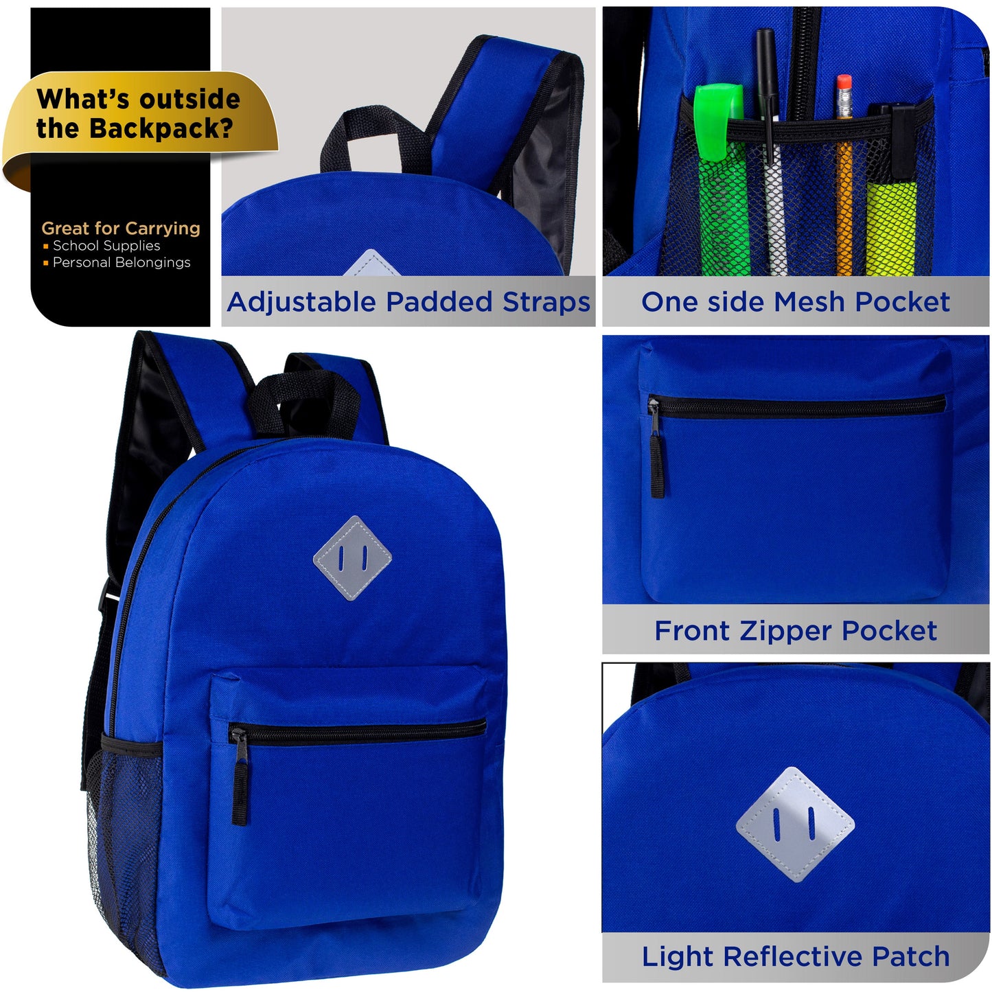 17" Wholesale Diamond Patch Backpack in 11 Assorted Colors - Bulk Case of 24 Bookbags