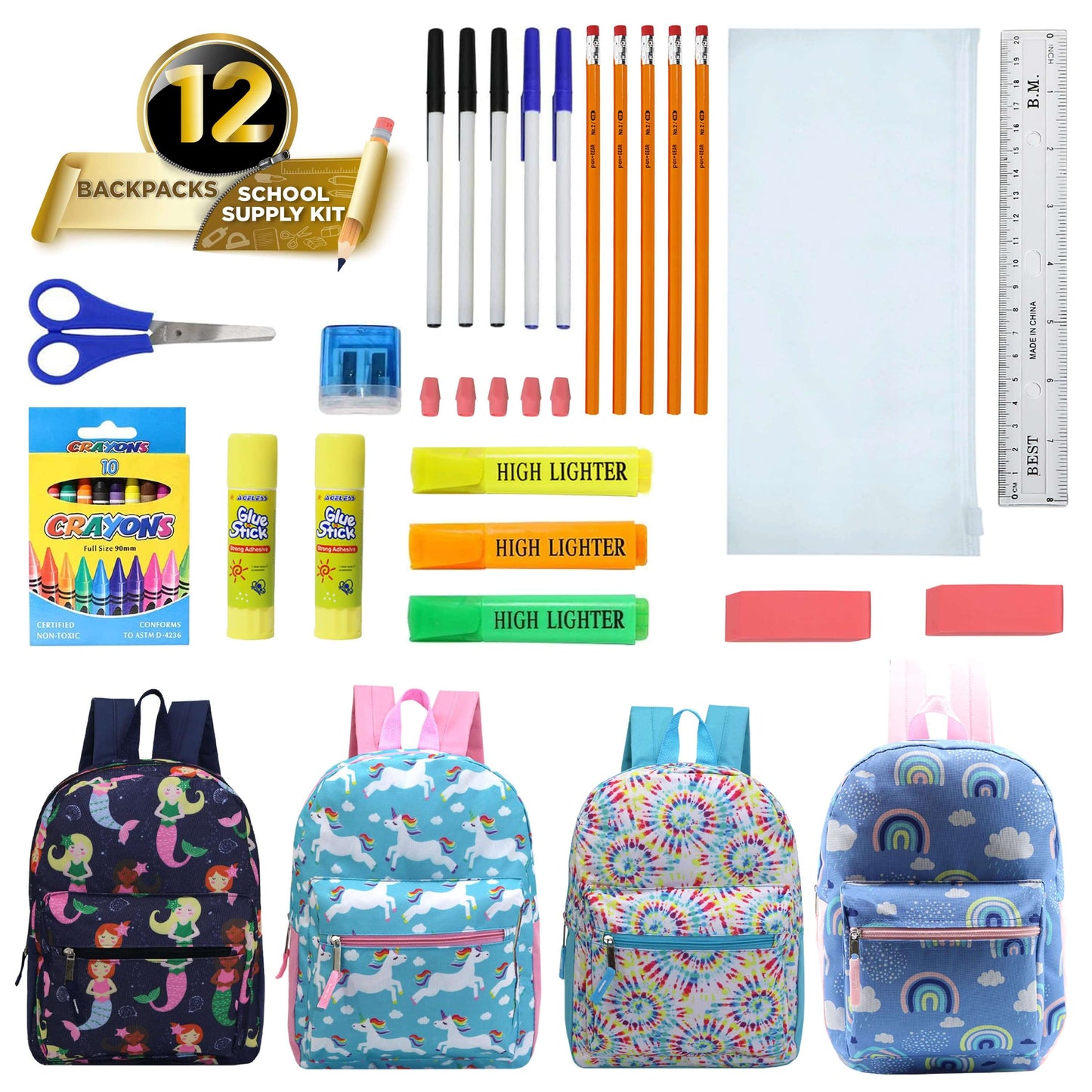 12 Wholesale Kids 15" Backpacks and 12 Bulk School Supply Kits of Your Choice