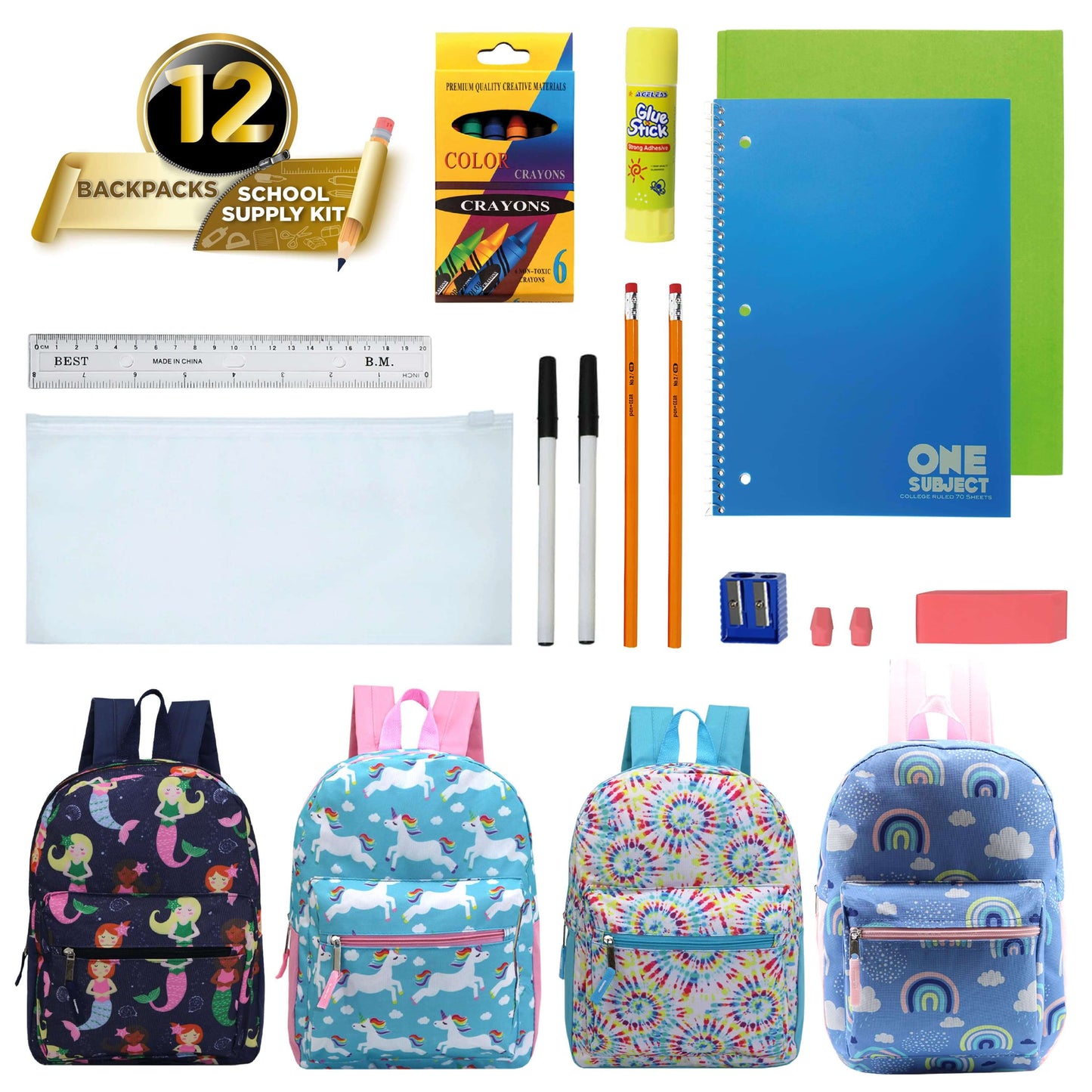 12 Wholesale Kids 15" Backpacks and 12 Bulk School Supply Kits of Your Choice