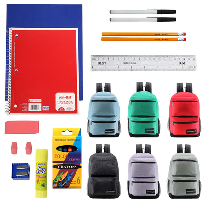 12 Wholesale Deluxe 17" 3 Compartment Backpacks and 12 Bulk School Supply Kits of Your Choice