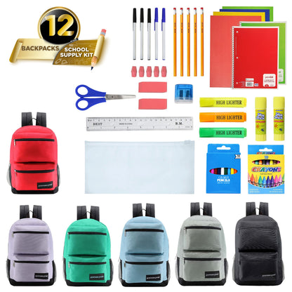 12 Wholesale Deluxe 17" 3 Compartment Backpacks and 12 Bulk School Supply Kits of Your Choice