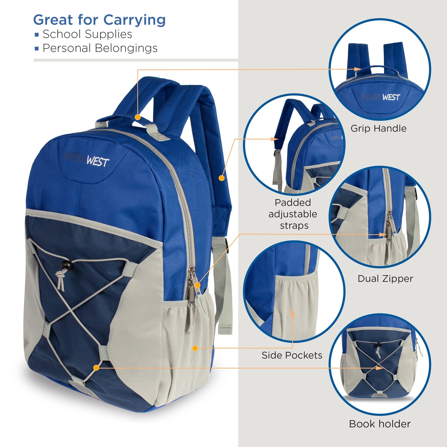 12 Wholesale 17" Bungee Backpacks in Assorted Colors & 12 Bulk School Supply Kits of Your Choice