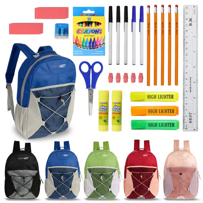 12 Wholesale 17" Bungee Backpacks in Assorted Colors & 12 Bulk School Supply Kits of Your Choice