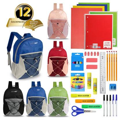 12 Wholesale 17" Bungee Backpacks in Assorted Colors & 12 Bulk School Supply Kits of Your Choice