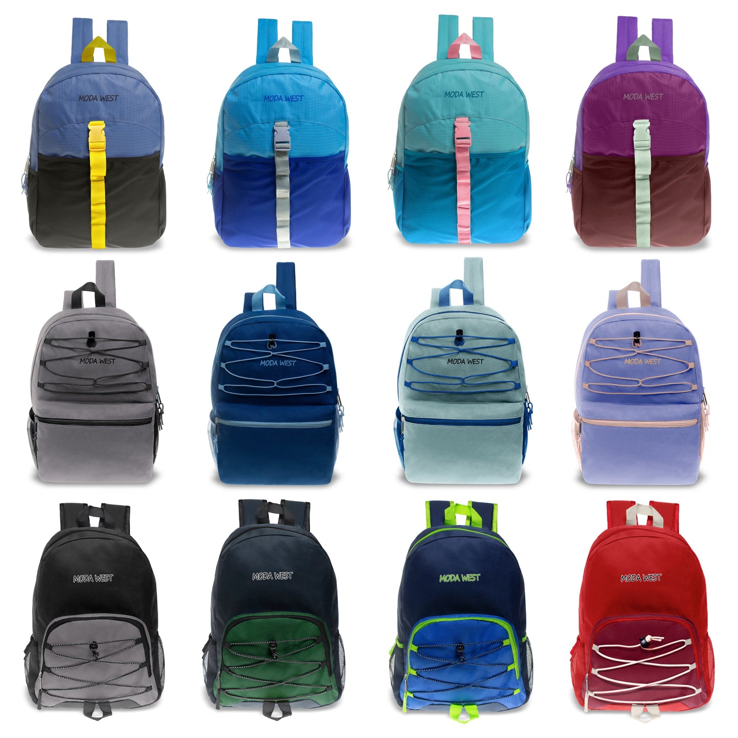 12 Wholesale 17" Bungee Backpacks in Assorted Prints & Colors and 12 School Supply Kits of Your Choice