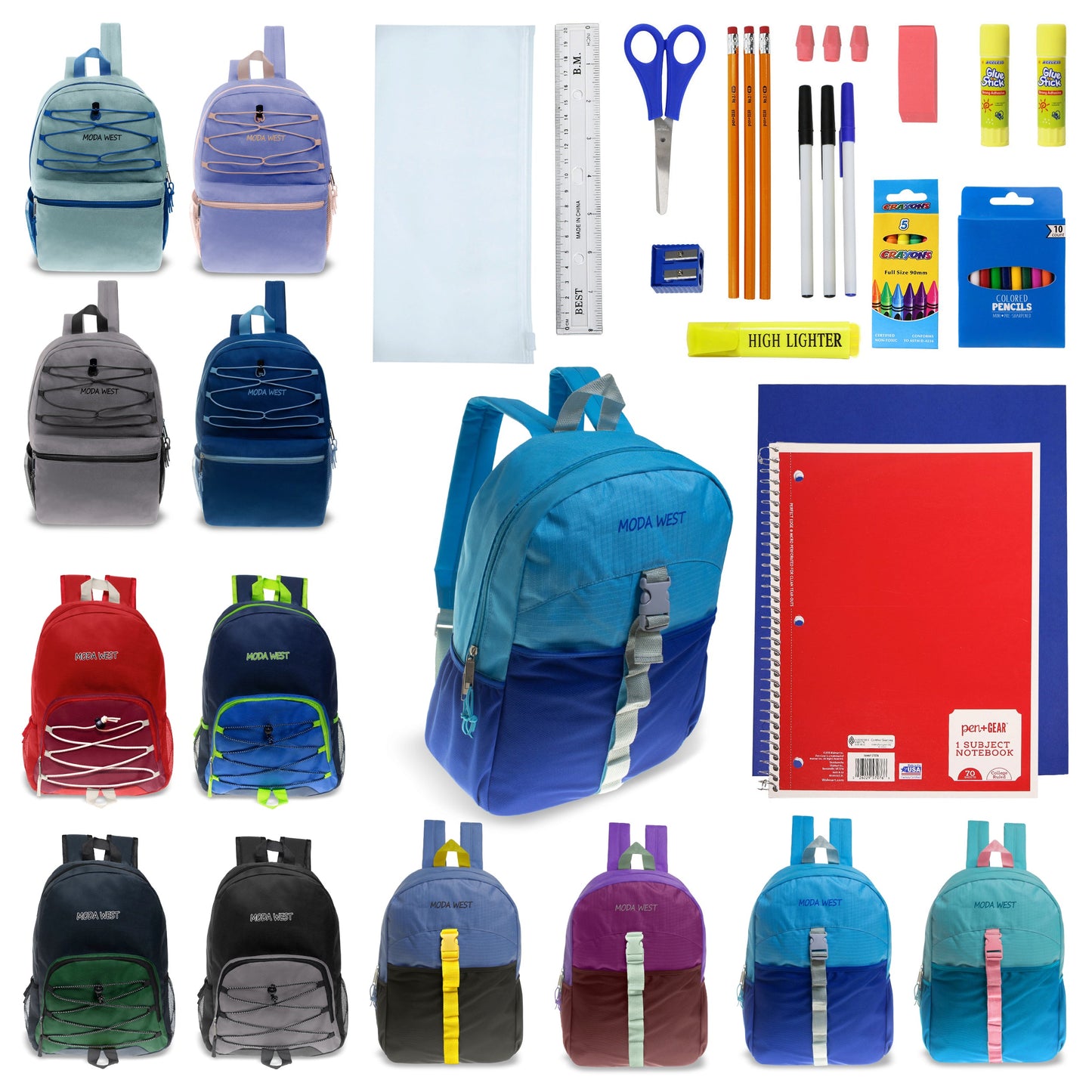 12 Wholesale 17" Bungee Backpacks in Assorted Prints & Colors and 12 School Supply Kits of Your Choice