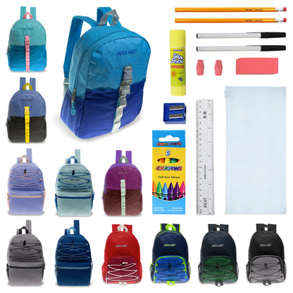 12 Wholesale 17" Bungee Backpacks in Assorted Prints & Colors and 12 School Supply Kits of Your Choice