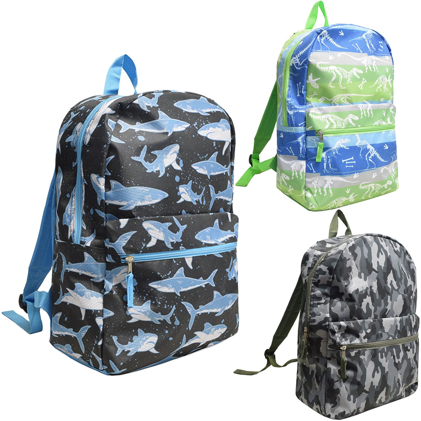 17" Kids Printed Wholesale Backpacks in Bulk | 3 Unique Designs | Bulk Case of 24 Bookbags