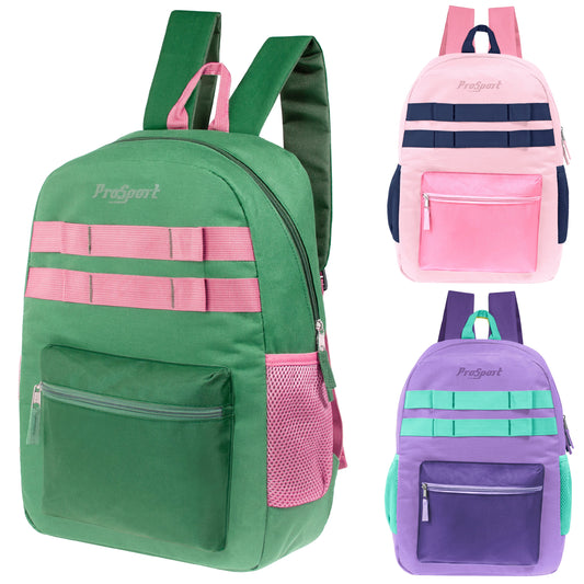 Wholesale 17" Multi Color Backpacks in 3 Assorted Colors - Bulk Case of 24 Bookbags