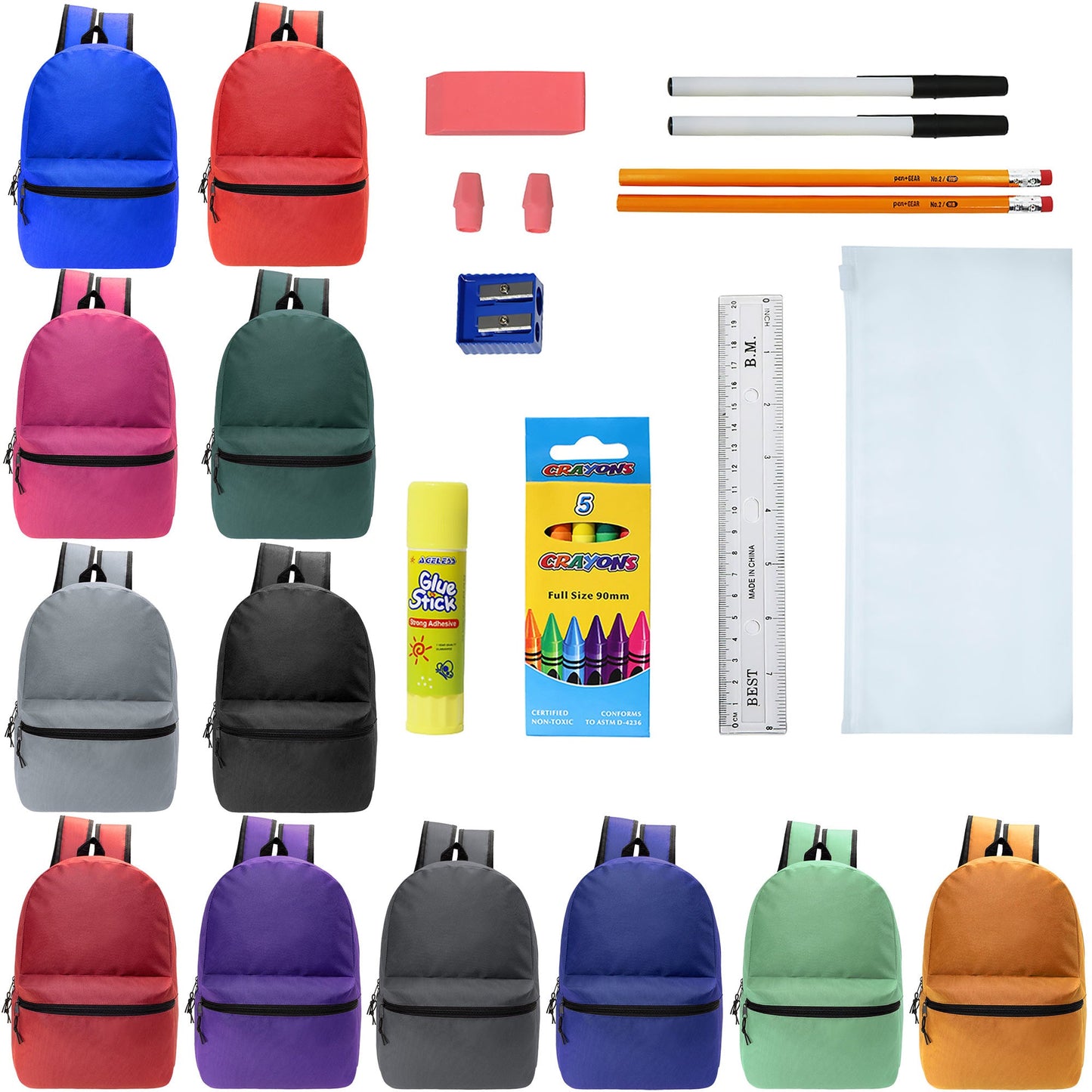 12 Wholesale Blank 18.5" Backpacks in 12 Assorted Colors and 12 Bulk School Supply Kits