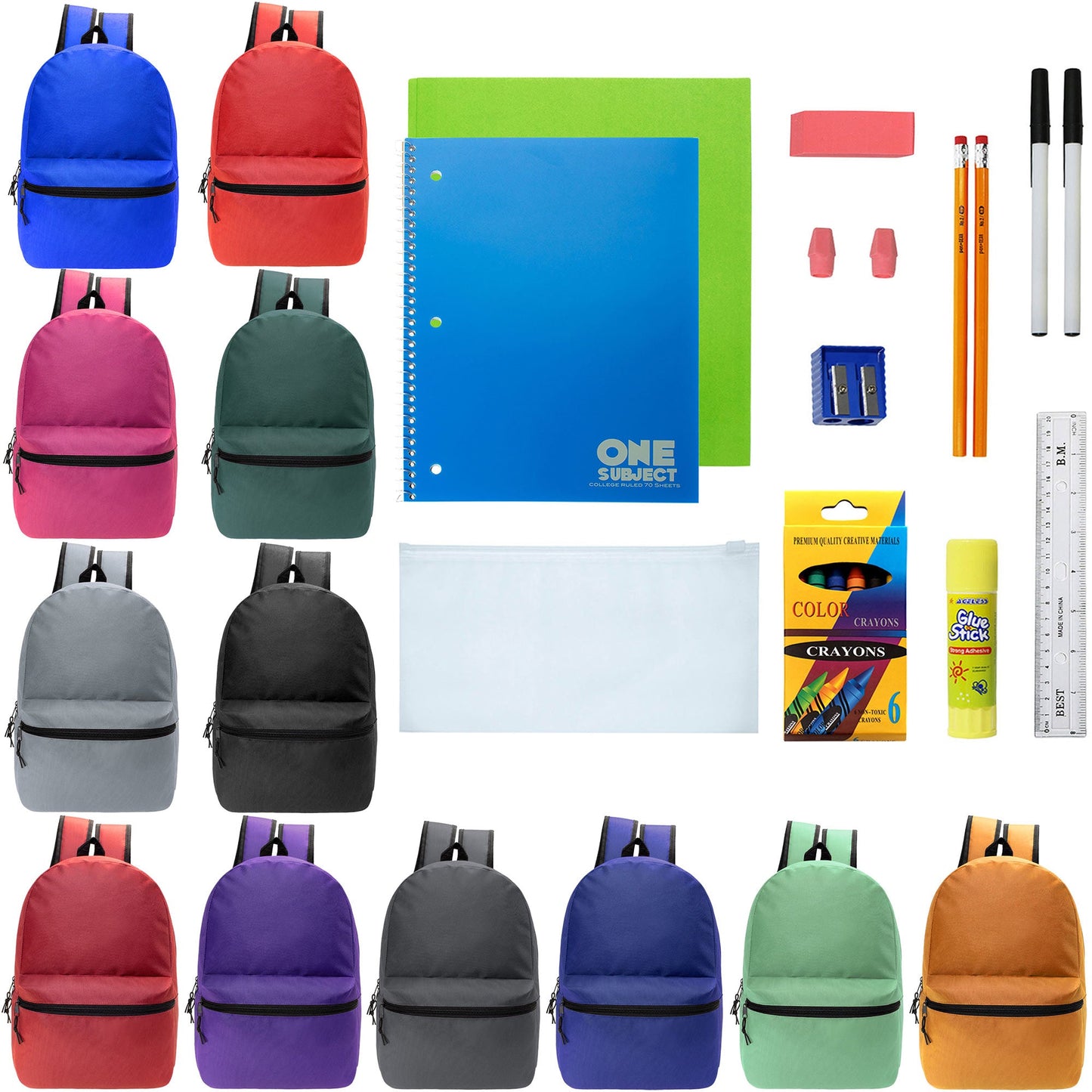 12 Wholesale Blank 18.5" Backpacks in 12 Assorted Colors and 12 Bulk School Supply Kits