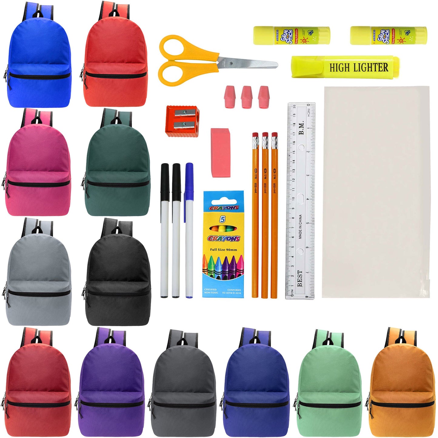 12 Wholesale Blank 18.5" Backpacks in 12 Assorted Colors and 12 Bulk School Supply Kits