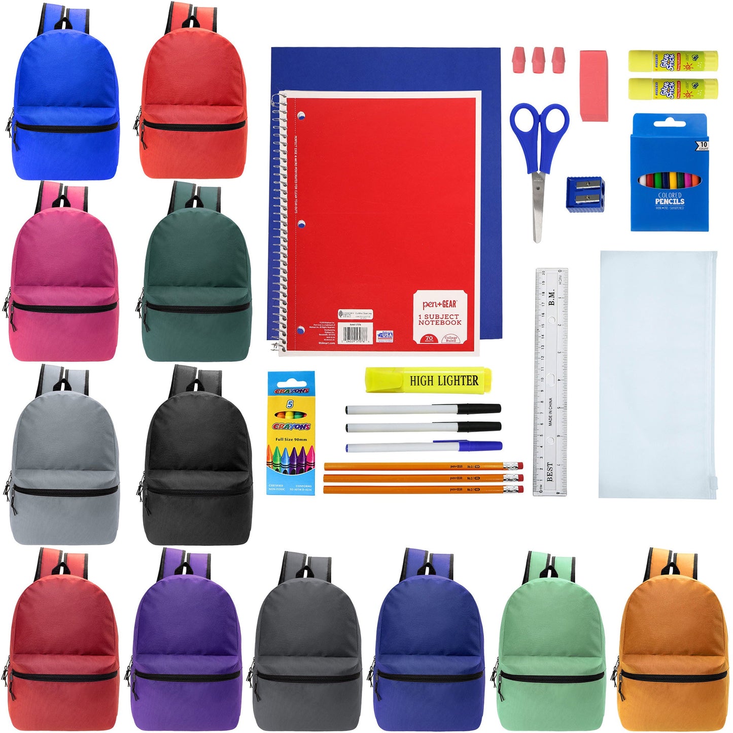 12 Wholesale Blank 18.5" Backpacks in 12 Assorted Colors and 12 Bulk School Supply Kits