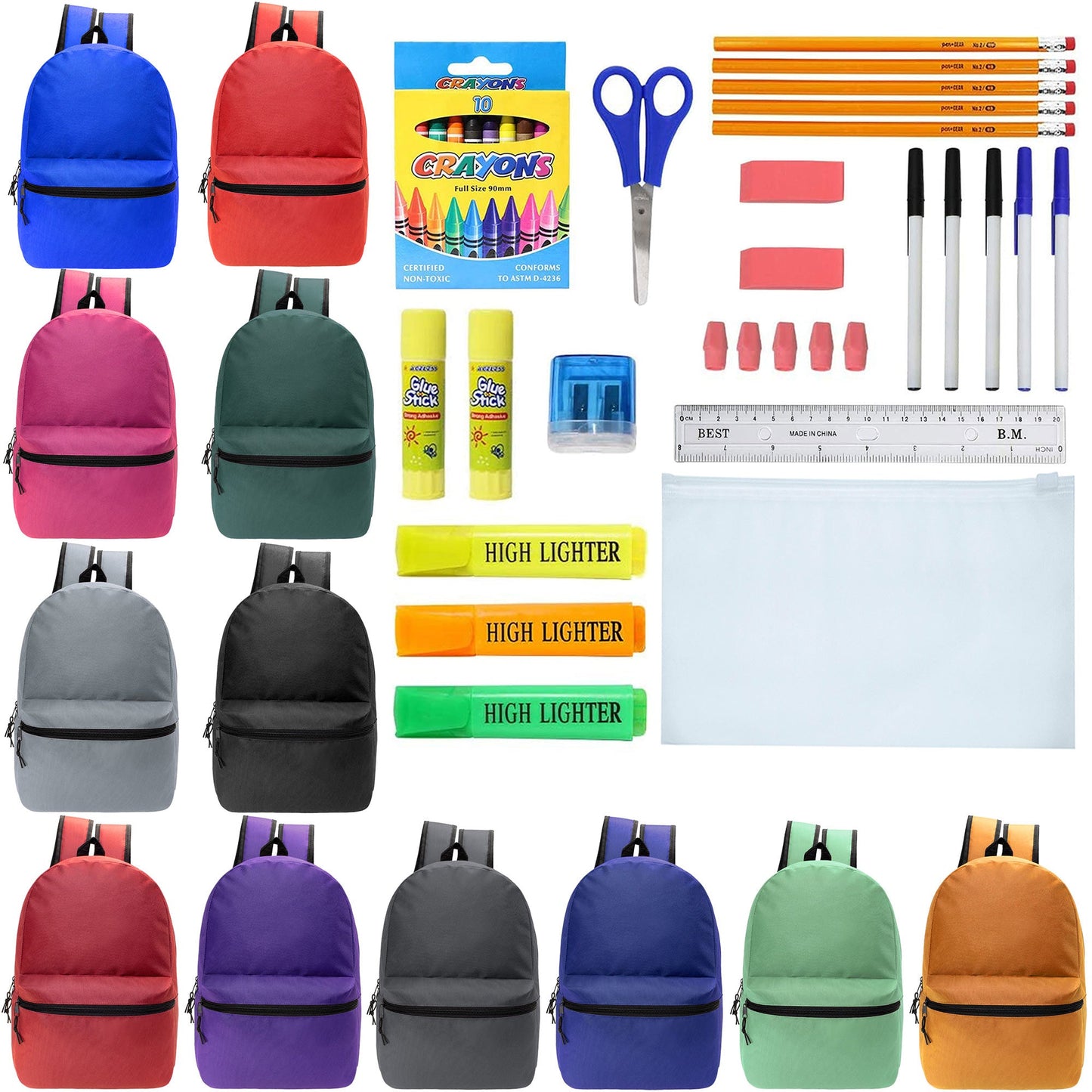 12 Wholesale Blank 18.5" Backpacks in 12 Assorted Colors and 12 Bulk School Supply Kits