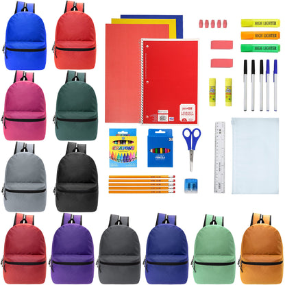 12 Wholesale Blank 18.5" Backpacks in 12 Assorted Colors and 12 Bulk School Supply Kits