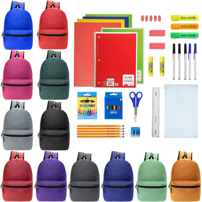 12 Wholesale Blank 18.5" Backpacks in 12 Assorted Colors and 12 Bulk School Supply Kits