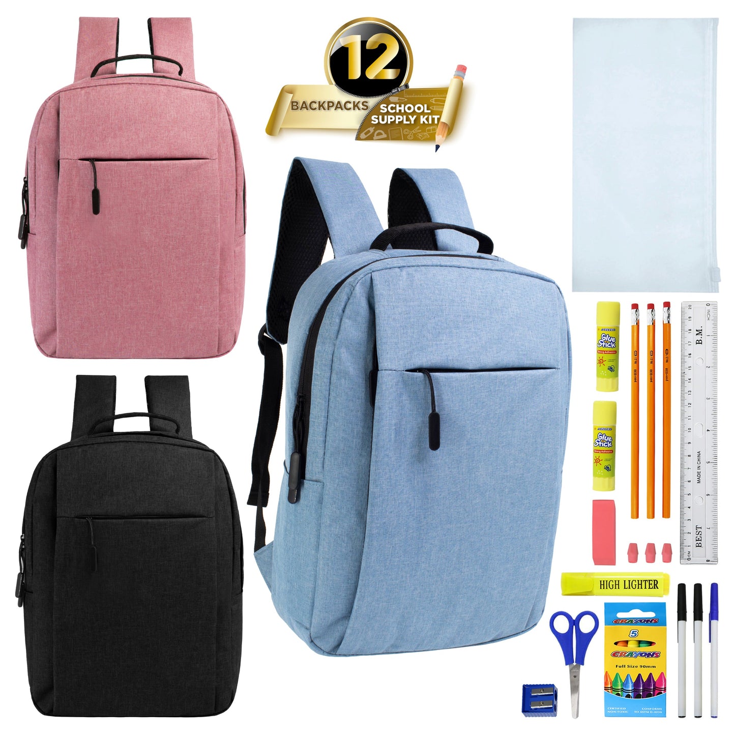 12 Wholesale Premium Laptop Backpacks & 12 Bulk School Supply Kits