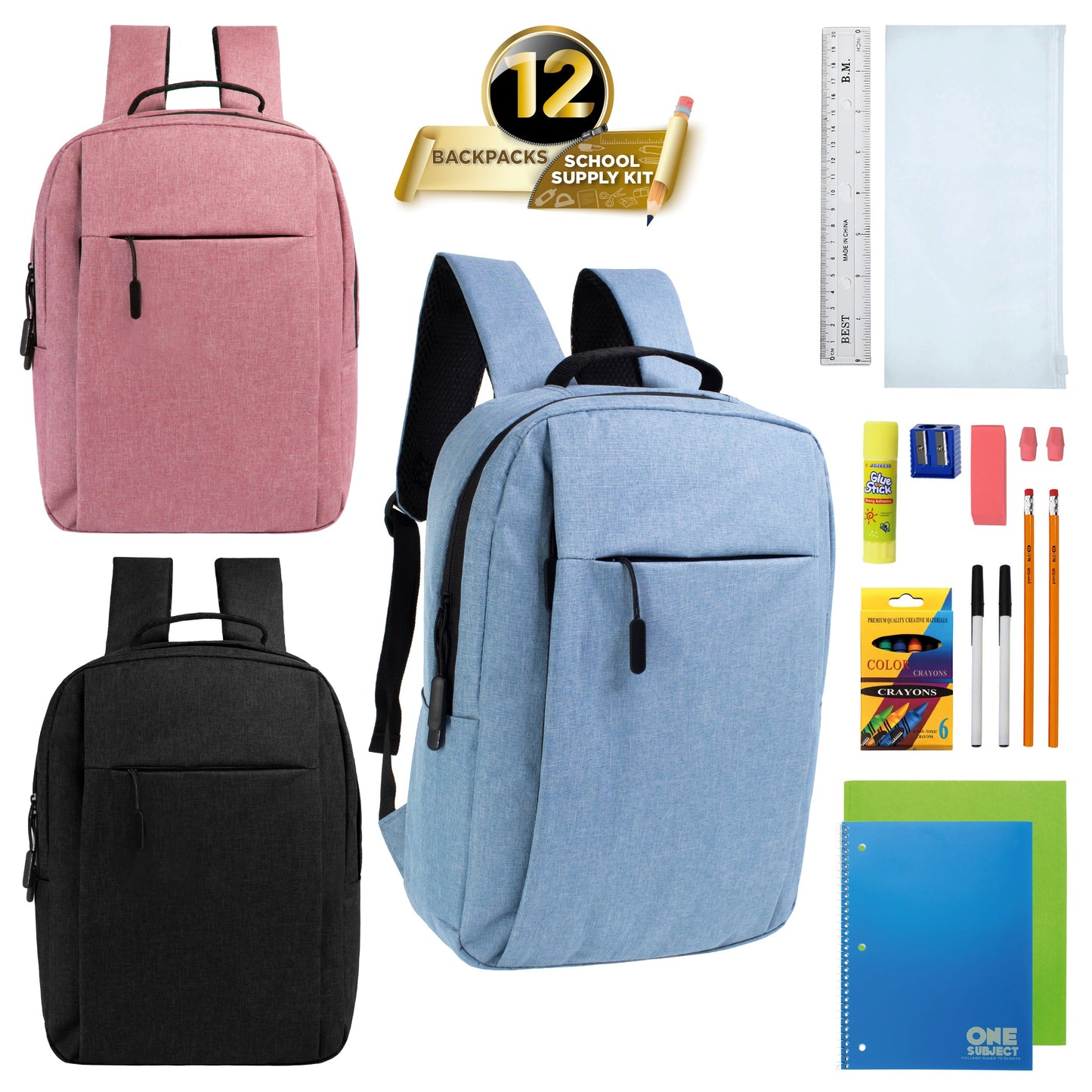 12 Wholesale Premium Laptop Backpacks & 12 Bulk School Supply Kits