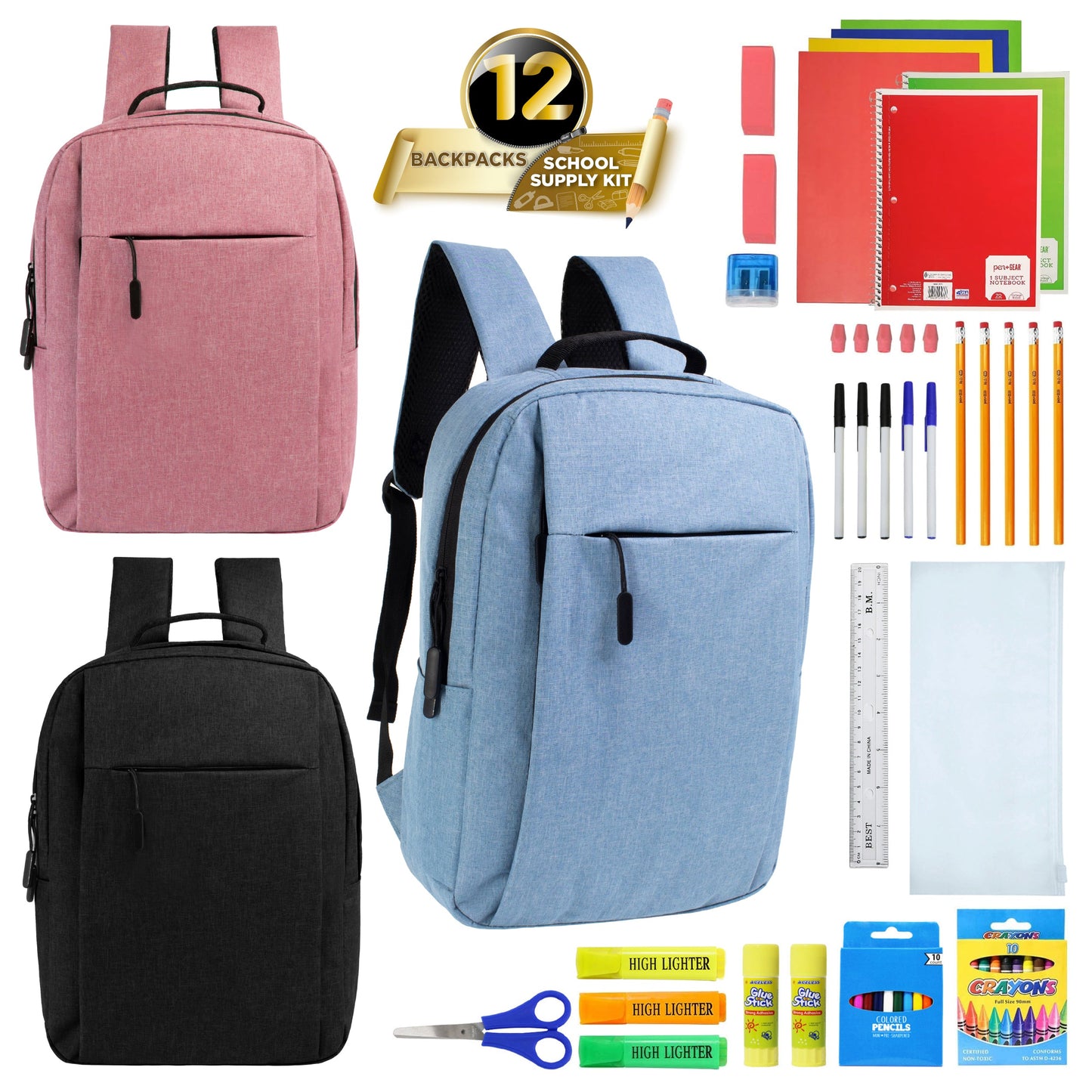 12 Wholesale Premium Laptop Backpacks & 12 Bulk School Supply Kits