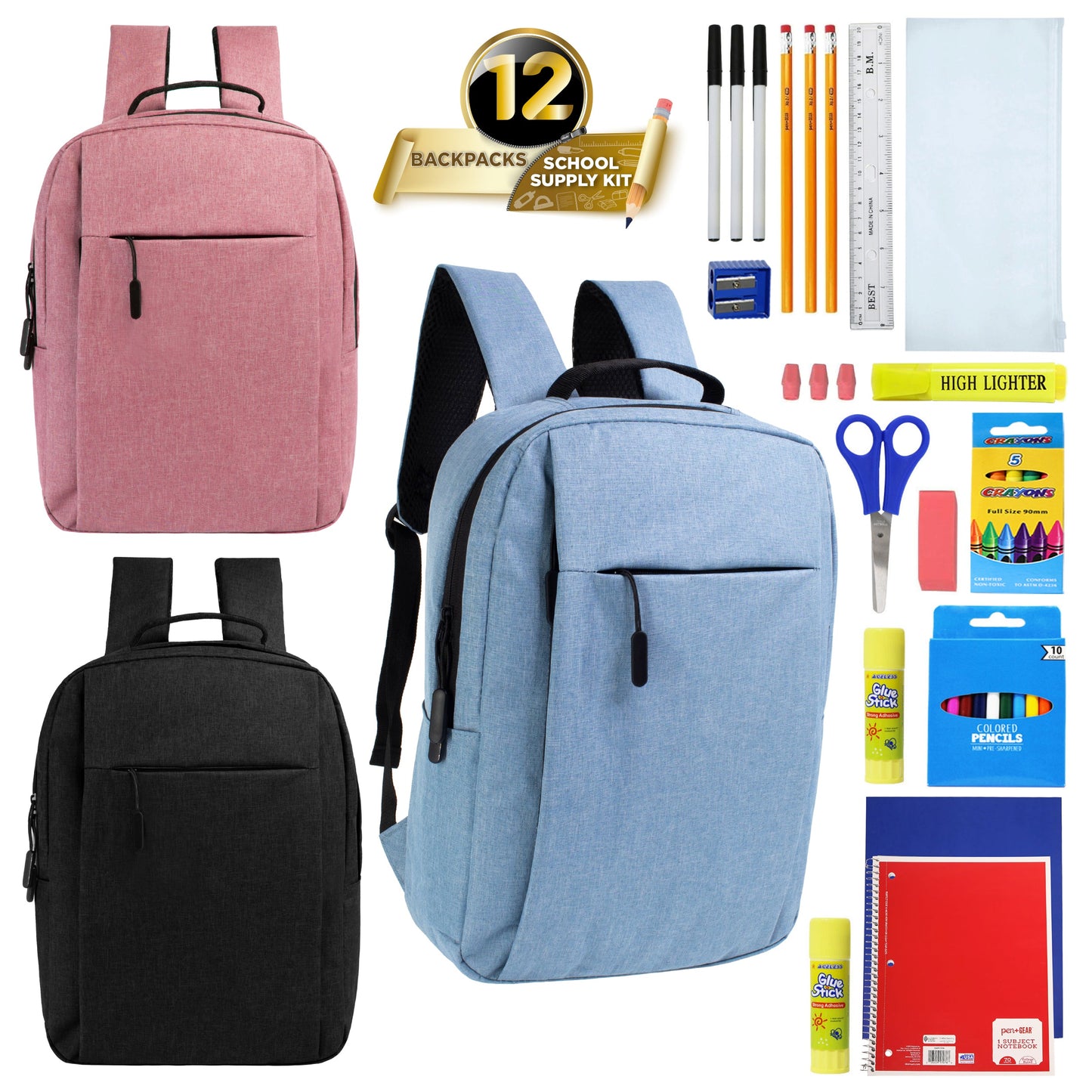 12 Wholesale Premium Laptop Backpacks & 12 Bulk School Supply Kits