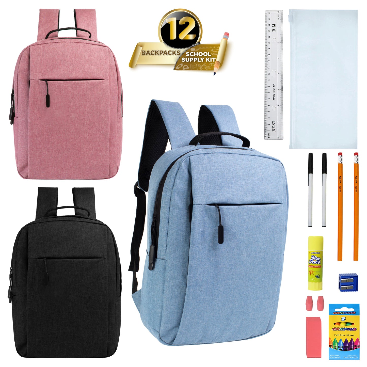 12 Wholesale Premium Laptop Backpacks & 12 Bulk School Supply Kits