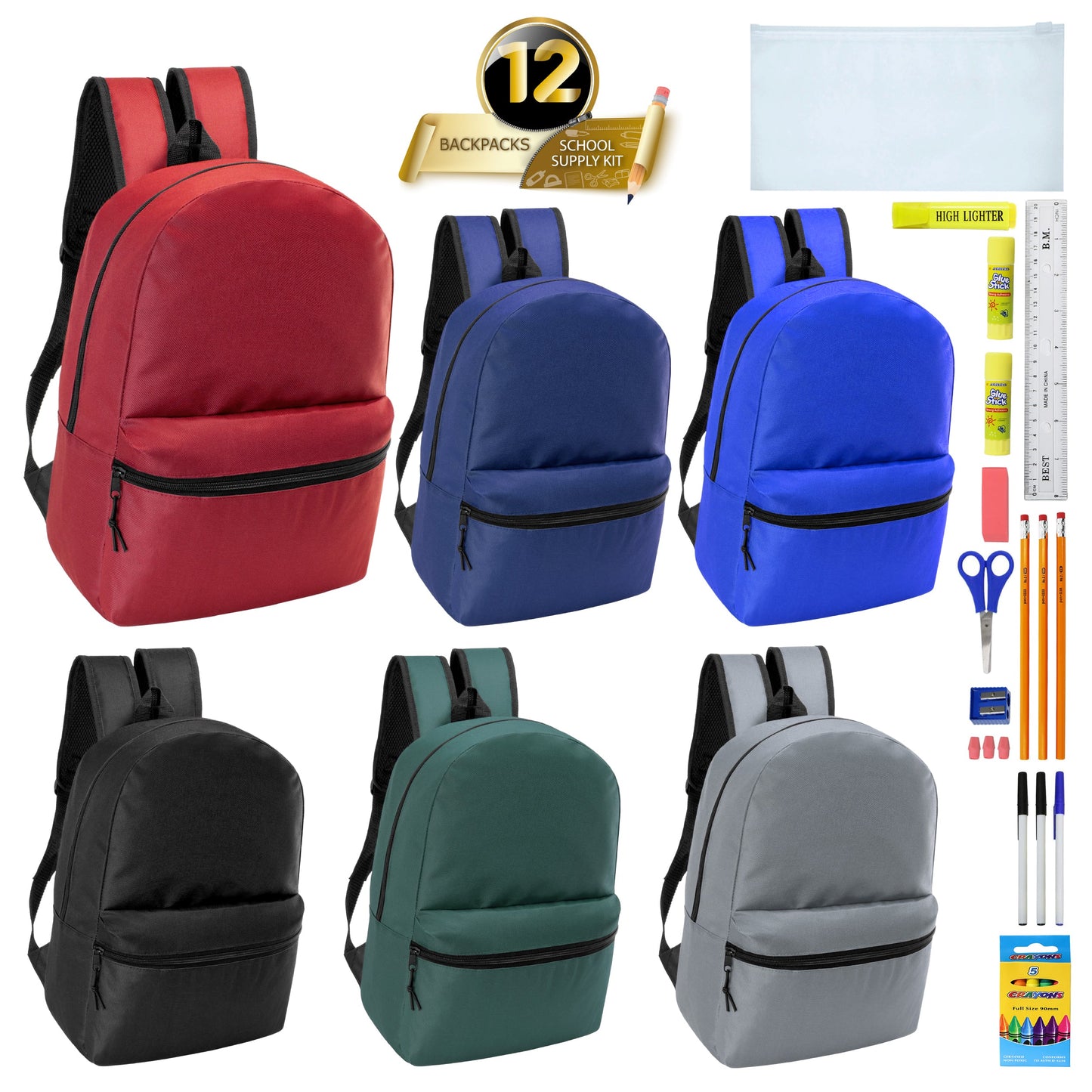 12 Wholesale 18.5" Backpacks in Assorted Colors & 12 Bulk School Supply Kits