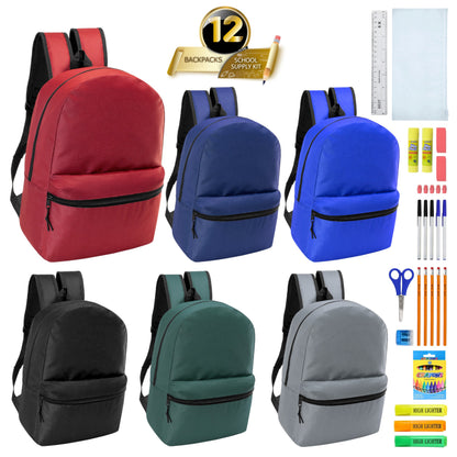 12 Wholesale 18.5" Backpacks in Assorted Colors & 12 Bulk School Supply Kits