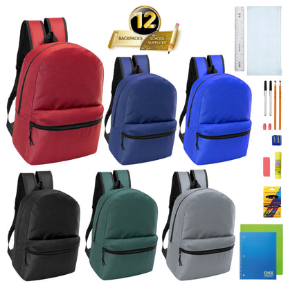 12 Wholesale 18.5" Backpacks in Assorted Colors & 12 Bulk School Supply Kits