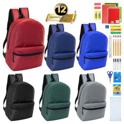 12 Wholesale 18.5" Backpacks in Assorted Colors & 12 Bulk School Supply Kits