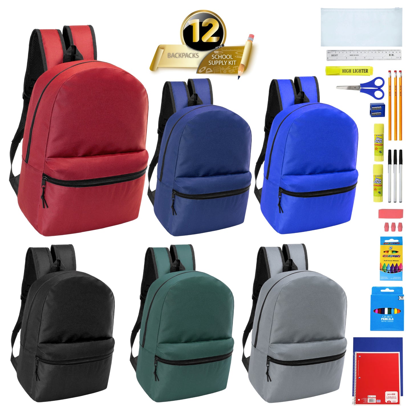 12 Wholesale 18.5" Backpacks in Assorted Colors & 12 Bulk School Supply Kits